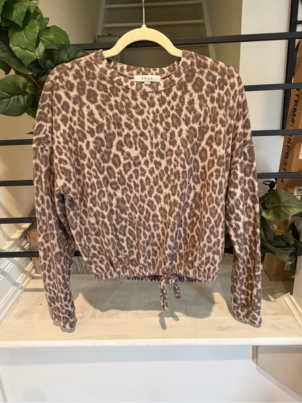 Gaze Leopard Print Drawstring Long Sleeve Top Size Small